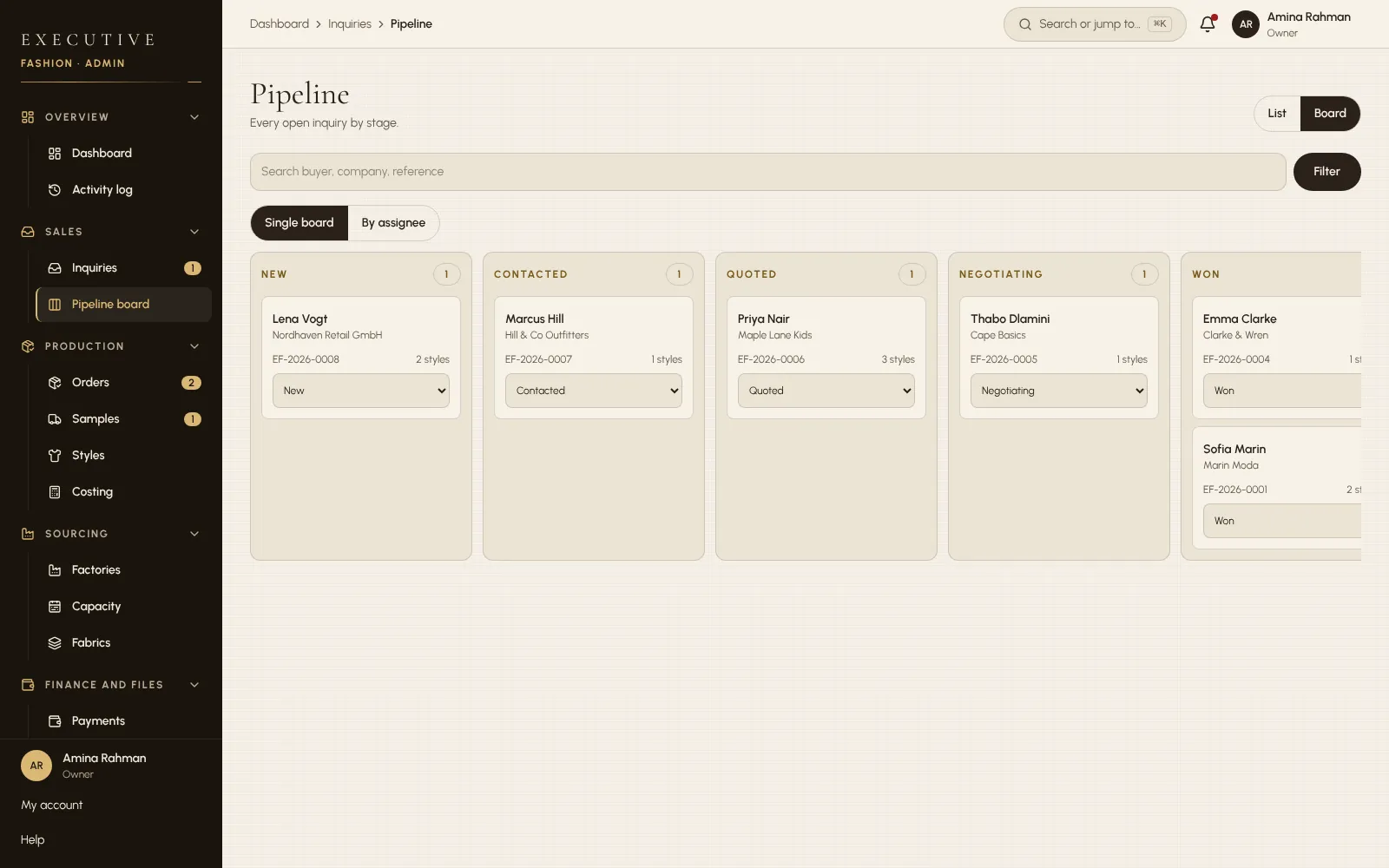 Executive Fashion — RFQ pipeline board