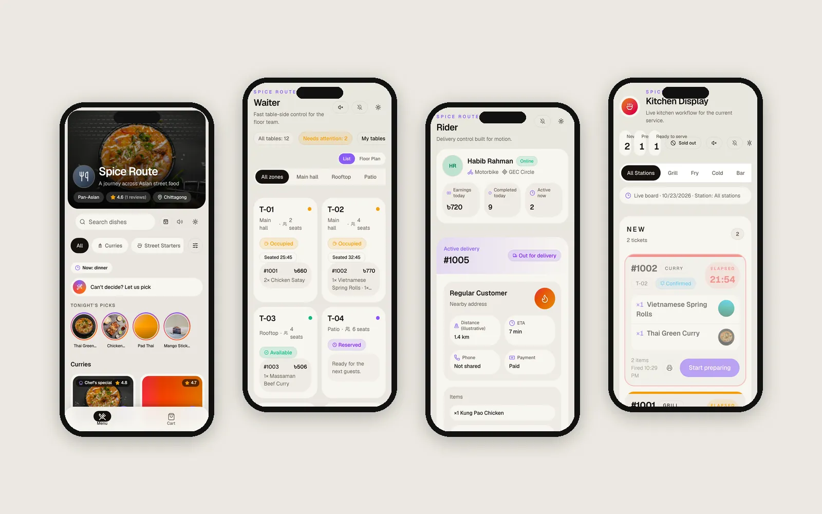 RestaurantOS — Guest menu, waiter, rider & kitchen apps