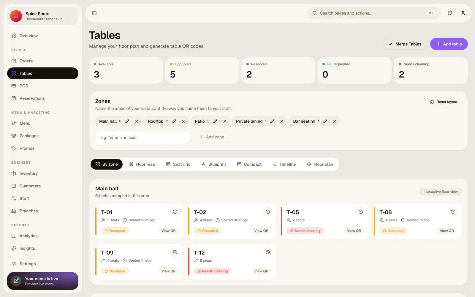 RestaurantOS — Tables & floor plan